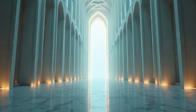 Luminous corridor featuring arches, glowing light at end. Grand hall interior with marble floor reflects soft illumination. Geometric symmetry, perspective create minimalist, modern, futuristic