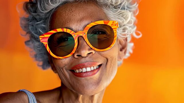 Radiant Smile: An elderly lady, brimming with a cheerful disposition, sports vibrant sunglasses, her smile reflecting a zest for life and sunny outlook.