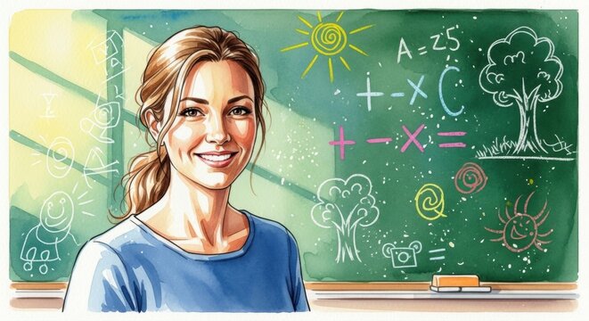 Joyful teacher smiling confidently beside a colorful chalkboard filled with learning doodles and math equations
