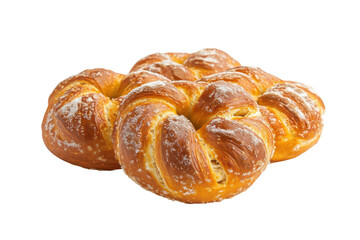 Golden brown sweet swirl pastries with sugar sprinkles isolated on transparent background. Delicious pretzels isolated on white background.