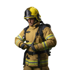 male firefighter fully equiped isolated on transparent background