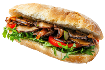 Hearty steak and mushroom sandwich with fresh lettuce and tomato isolated on transparent background. Delicious sandwich isolated on white background.