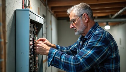Electrician upgrading old fuse box. Modern electrical panel installation. Technician at work. Electrical safety, circuit repair, power upgrade, home maintenance. Wiring, voltage, circuit breaker