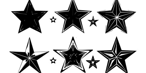 Star Illustrations Set. Black and White Star Designs, Grunge Retro Star Vector Pack, Geometric Star Icons, Decorative Star Clipart Collection