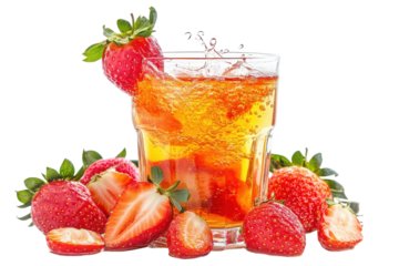 Refreshing strawberry juice with fresh strawberries isolated on transparent background. Delicious strawberries juice splash isolated on white background.