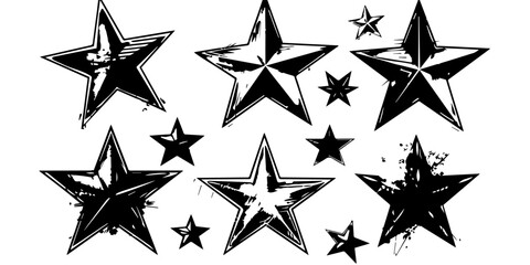Fototapeta premium Star Illustrations Set. Black and White Star Designs, Grunge Retro Star Vector Pack, Geometric Star Icons, Decorative Star Clipart Collection