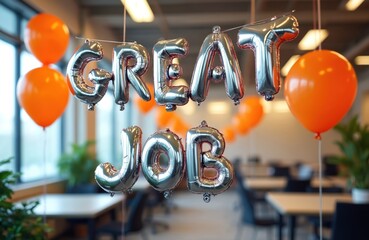Office celebration for Employee Appreciation Day features silver balloon letters spelling GREAT JOB. Vibrant orange balloons enhance festive workplace decor, recognizing teamwork, achievement,