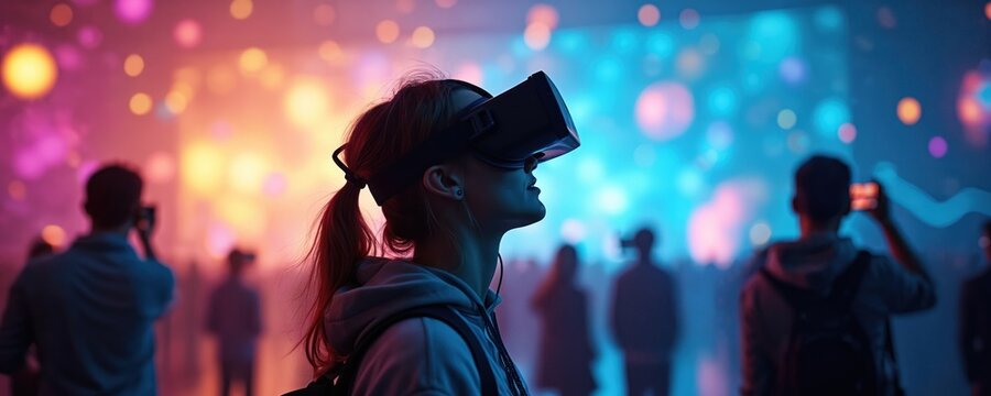 Person in VR headset experiences futuristic light show, surrounded by crowd. Immersive digital artwork technology, escapism, modern entertainment. Neon colors, glowing effects, interactive elements