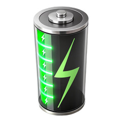 A close up of a battery with a green lightning bolt and charge indicators on a black background