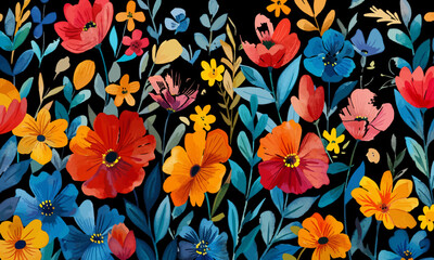 Seamless floral patterns with colorful flowers and green leaves. Botanical illustration set with multiple variations on light and dark backgrounds. Decorative textile and fabric template.