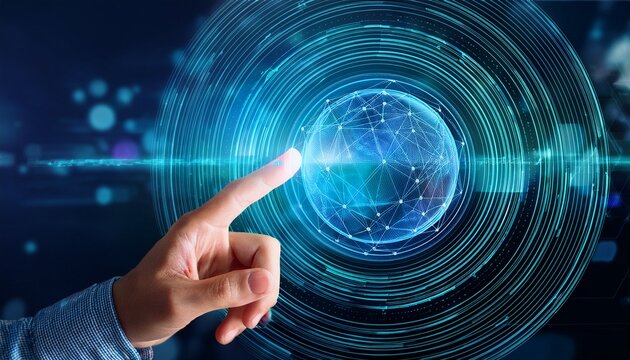 finger interacting with futuristic holographic technology screen display interface - Powered by Adobe
