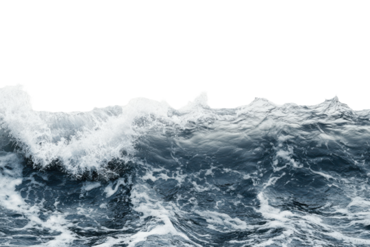 Crashing ocean wave with white foam isolated on transparent background. Dynamic wave of sea water isolated on white background.
