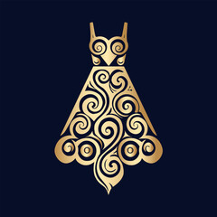 Obraz premium Elegant gold ornate dress logo silhouette with swirls on dark blue background