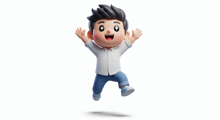 Joyful cartoon boy mid-air celebrating success with arms wide open, perfect for energetic promotions