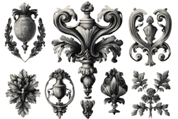Collection of ornate decorative architectural elements isolated on transparent background. Elegant ornamental design elements presented in black and white isolated on white background.
