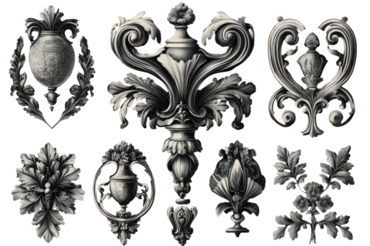 Collection of ornate decorative architectural elements isolated on transparent background. Elegant ornamental design elements presented in black and white isolated on white background.