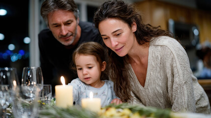 Obraz premium A touching family moment captured, as a mother, daughter, and father lean in to admire flickering candlelight, fostering warmth and connection during a peaceful evening together.