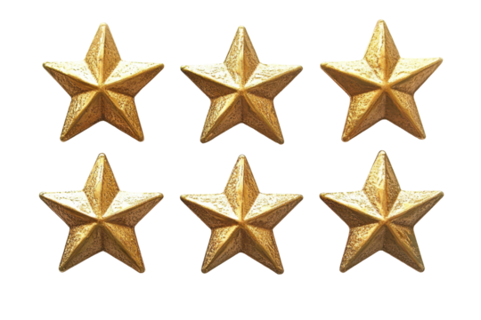 Gold military stars rank insignia isolated on transparent background. Golden stars for product rating reviews for websites and mobile applications isolated on white background.