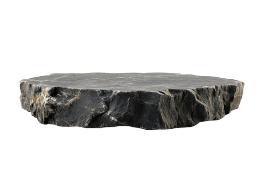 Rough grey stone pedestal isolated on transparent background. Flat rock podium for product display isolated on white background.
