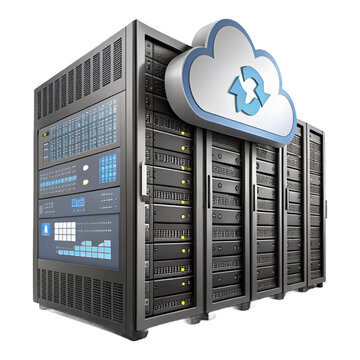 Server rack with cloud icon representing data storage and networking infrastructure on black background