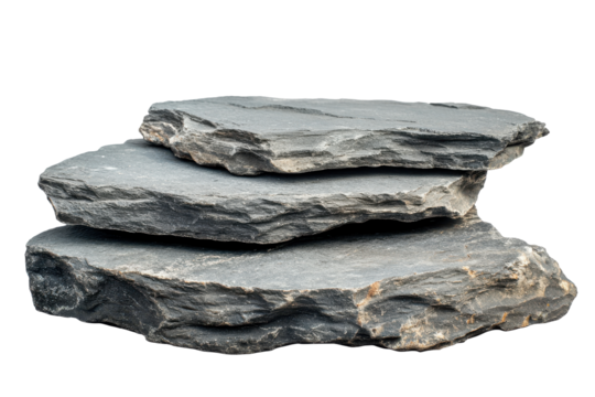 Stack of three rough grey slate stones isolated on transparent background. Flat rock podium for product display isolated on white background.