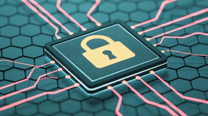 A hightech rendering of a padlock on a microchip, symbolizing cybersecurity, data protection, and the importance of digital security in technology