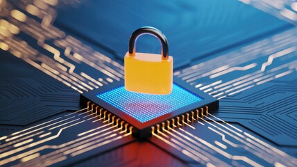 Padlock on a microchip, symbolizing cybersecurity, data protection, and digital security in the modern technological landscape