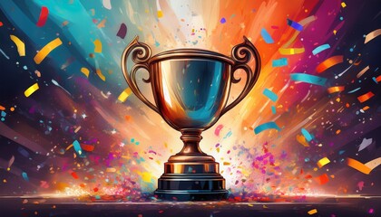 shiny trophy cup with colorful confetti celebration background