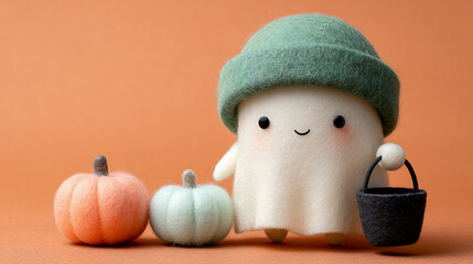 Cute Felt Ghost with Pumpkins and Trick-or-Treat Basket on Orange Background
