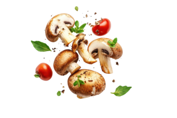 Fresh mushrooms and cherry tomatoes falling isolated on transparent background. Fresh mushrooms and cherry tomatoes falling isolated on transparent background.