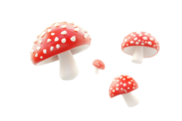 Group of red and white spotted fly agaric mushrooms isolated on transparent background. Fresh mushrooms falling isolated on transparent background.