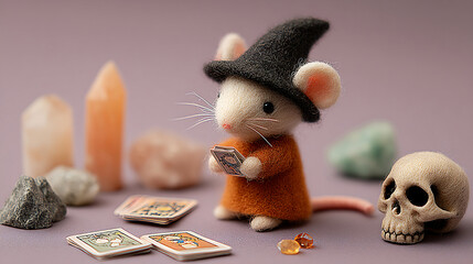 Cute Felt Mouse Witch in Orange Robe Reading Tarot with Crystals and Skull