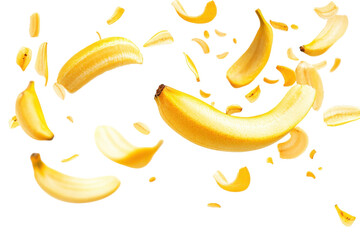 Ripe banana segments falling isolated on transparent background. Flying delicious banana slices isolated on white background.