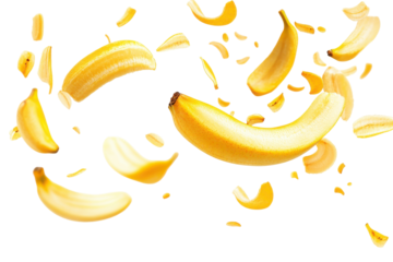 Ripe banana segments falling isolated on transparent background. Flying delicious banana slices isolated on white background.
