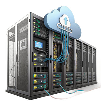A server rack with multiple servers connected to a cloud via blue cables for data transfer