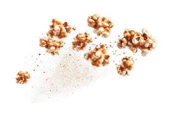Caramel popcorn clusters with powdered sugar isolated on transparent background. Flying delicious popcorn isolated on white background.