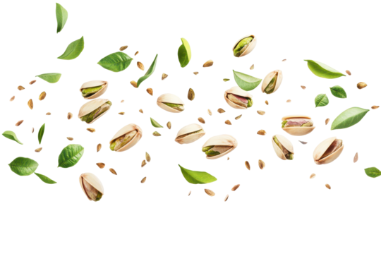 Pistachios and green leaves flying in the air isolated on transparent background. Flying delicious pistachios isolated on white background.