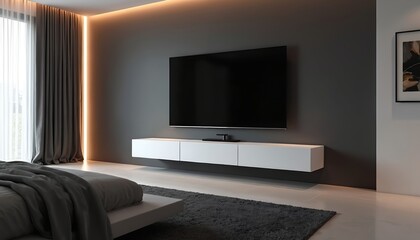 Minimalist bedroom interior with modern wall-mounted television, floating white media console. Ambient lighting from LED strip along wall creates cozy atmosphere. Clean lines, neutral colors define