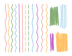 Fototapeta premium Crayon pastel stripe set in chalk style with rectangle element and underline line highlight. Scribble stroke sketch for colorful art element, modern decoration and abstract pack.