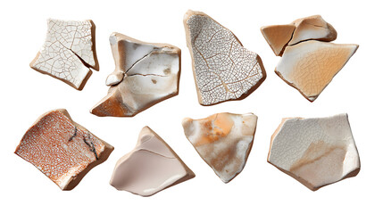 Ceramic shards display aged texture, cracks on a black surface. Perfect for backgrounds, textures...