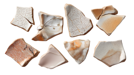 Ceramic shards display aged texture, cracks on a black surface. Perfect for backgrounds, textures or use in social media, or as a digital art element.