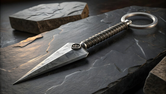A highly detailed metal kunai dagger displayed on a dark stone surface under dramatic studio lighting.