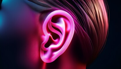 neon outline of ear in bright pink glow against dark background