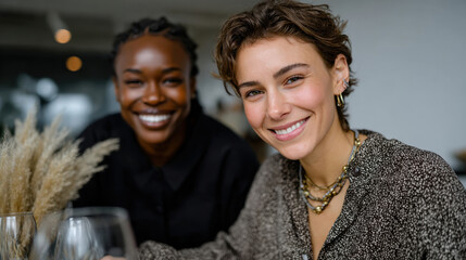 The image captures two women joyfully looking at the camera in a cozy gourmet setting filled with elegant decor, embodying warmth, friendship, and a delightful dining experience.