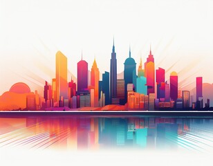 Obraz premium colorful city skyline urban panoramic silhouette horizontal banner of cityscape in paralax style