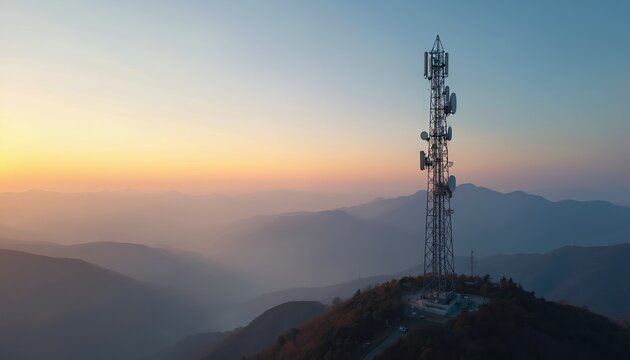 Telecommunication tower on mountain peak at sunset. Aerial view of wireless infrastructure transmitting signal across scenic landscape. Evening illumination on antennae, antennas against hazy sky.