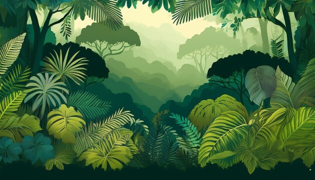 jungle landscape layered background with rainforest parallax effect horizontal green panoramic backdrop with lianas palms trees and bushes