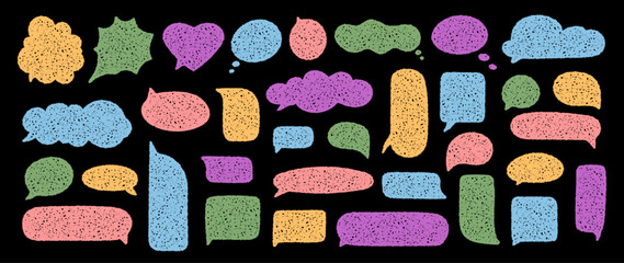Organic chat bubble set in chalk sketch style. Speech cloud, round dialogue and handcrafted textbox balloon offer unique conversation and message shape. This colorful set uses organic forms for