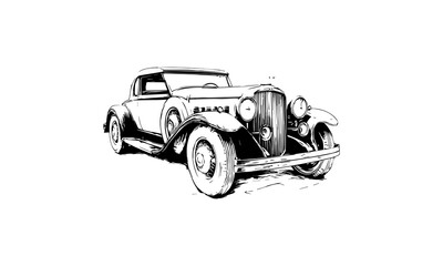 Vintage Car Illustrations. Classic Automobile Sketches, Retro Vehicle Drawings, Antique Car Art, Black and White Old Car Vector