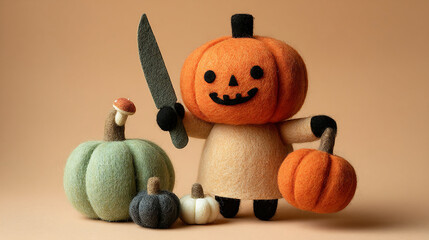 Cute Felt Pumpkin Head Character Holding Knife and Pumpkin with Autumn Gourds